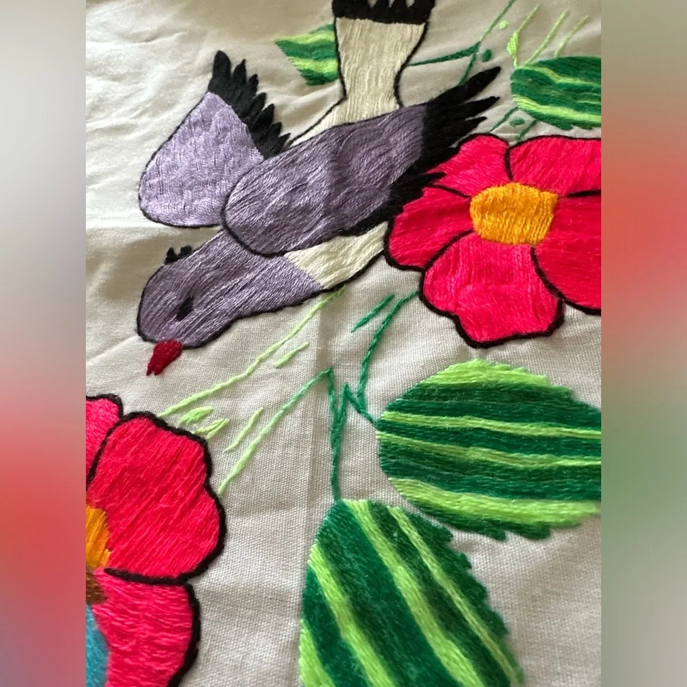 Embroidered Bird & Floral Lace Doily ⚠️ Stains 24 x 21 Large Piece
